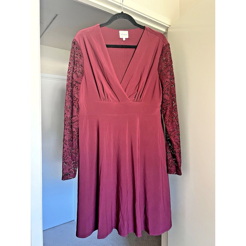 Vintage Beyond by Ashley Graham Dressbarn Lace Dress Burgundy XL Long Sleeve